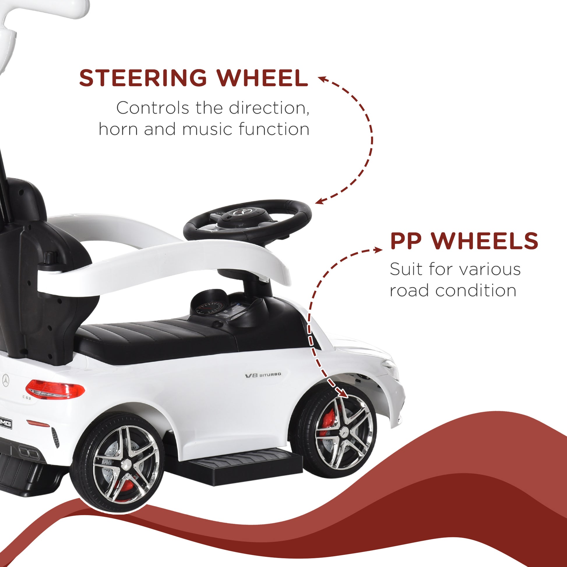 HOMCOM 3 in 1 Ride On Push Along Car Mercedes Benz for Toddlers Stroller Sliding Walking Car with Horn Sound Safety Bar for 1-3 Years