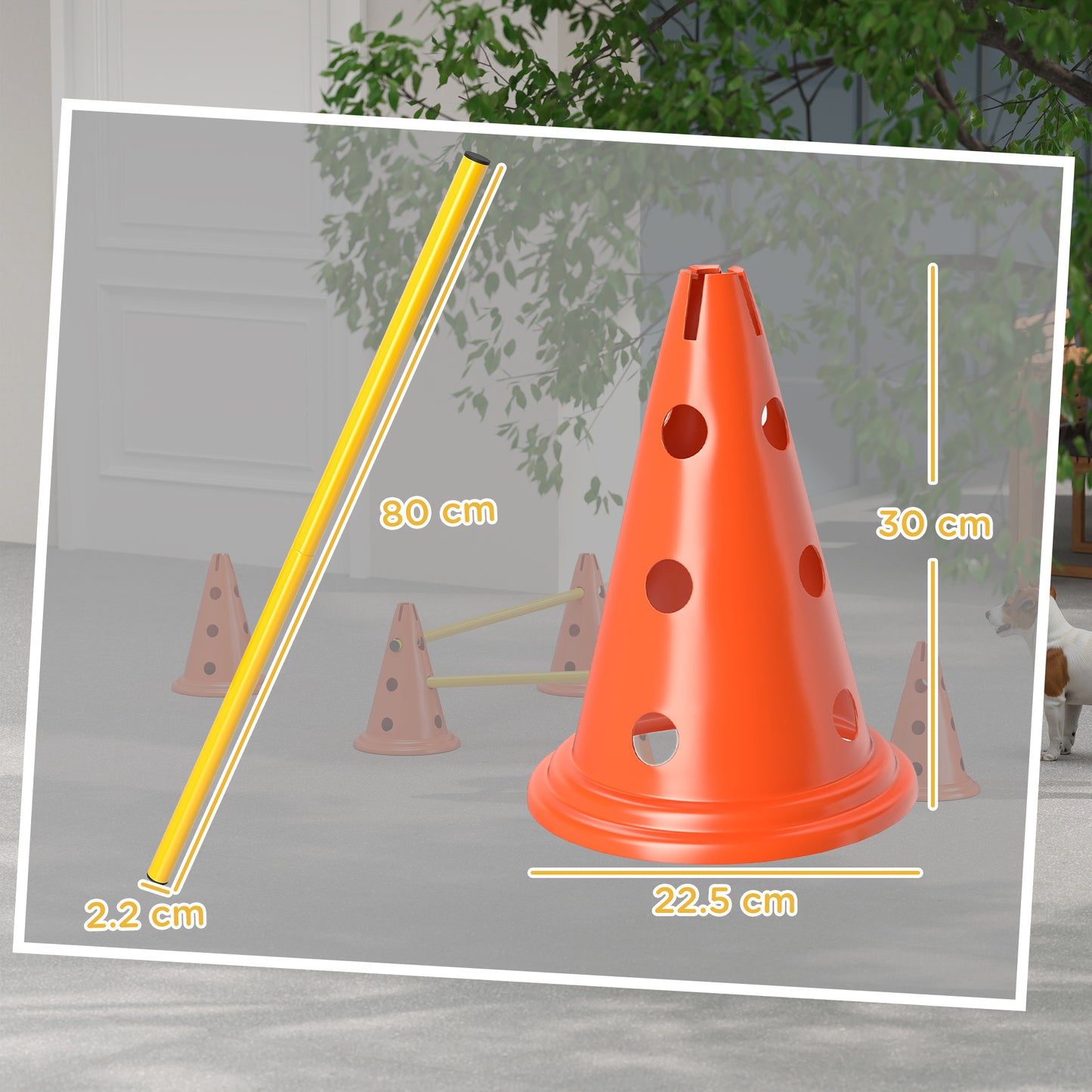 PawHut Dog Agility Equipment Set of Six Cones, Six Poles with Carry Bag, Three-Piece Adjustable Height Jumping Obstacles, Orang