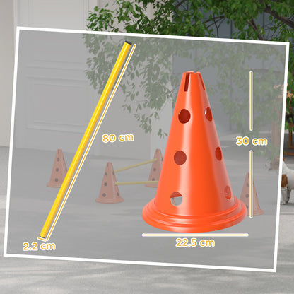 PawHut Dog Agility Equipment Set of Six Cones, Six Poles with Carry Bag, Three-Piece Adjustable Height Jumping Obstacles, Orang
