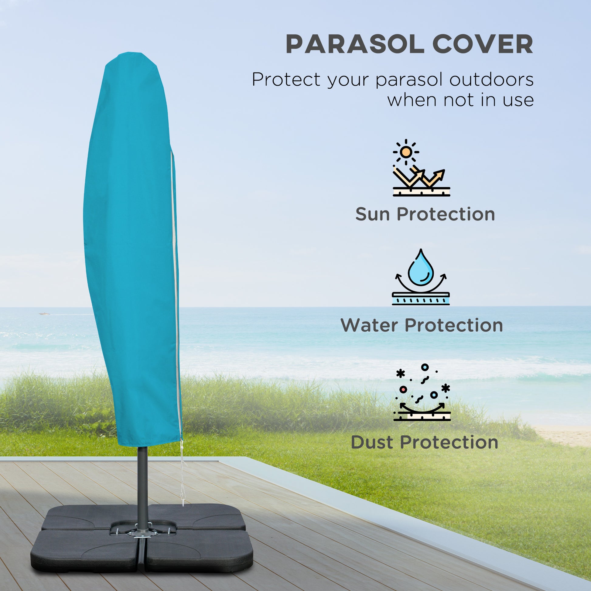 Outsunny 3m Overhanging Parasol, with Base, Weights and Cover - Blue