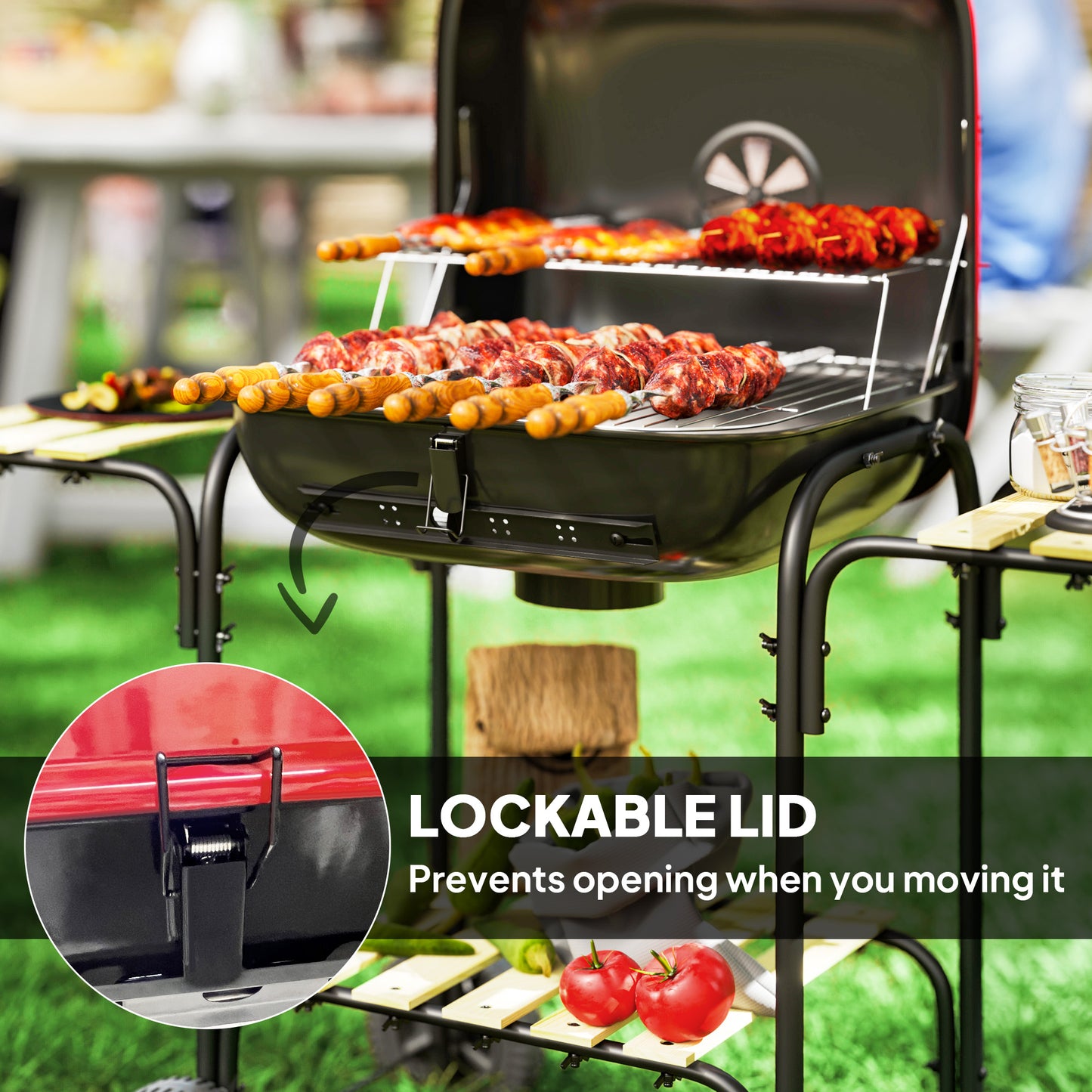 Outsunny Charcoal Barbecue Grill Portable BBQ Grill with 1840 cm² Cooking Area, 3 Shelves, Adjustable Vent, Lockable Lid, Wheels for Outdoor Cooking, Garden Party, Red