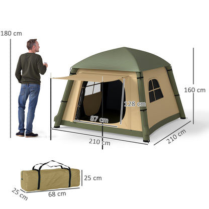 Outsunny Inflatable Camping Tent w/ Hand Pump, Easy Setup 1/2 Person Blow Up Tent Waterproof 190T Taffeta w/ Mesh Windows, Doors and Carry Bag, Brown