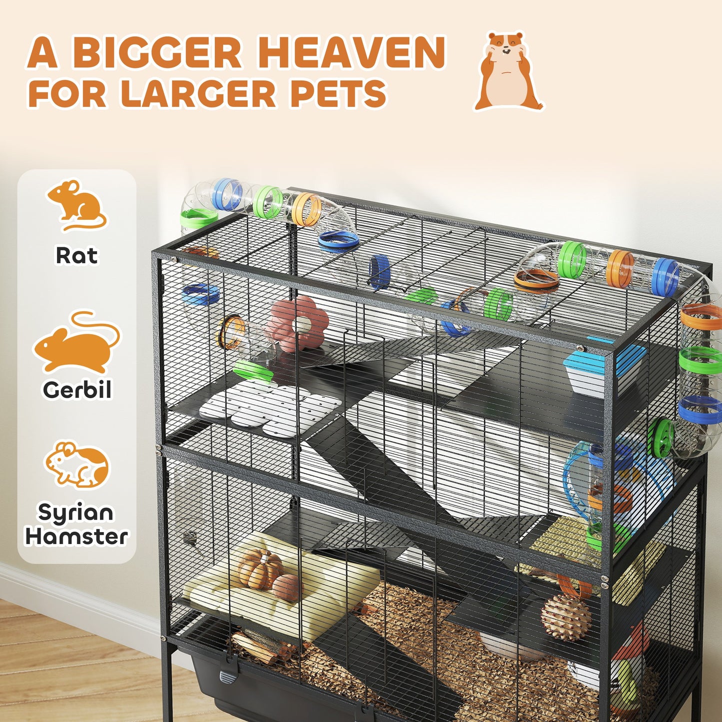 PawHut 5 Tier Large Hamster Cage on Wheels with 17 cm Deep Tray, Storage Shelf for Syrian, Gerbil, Rats