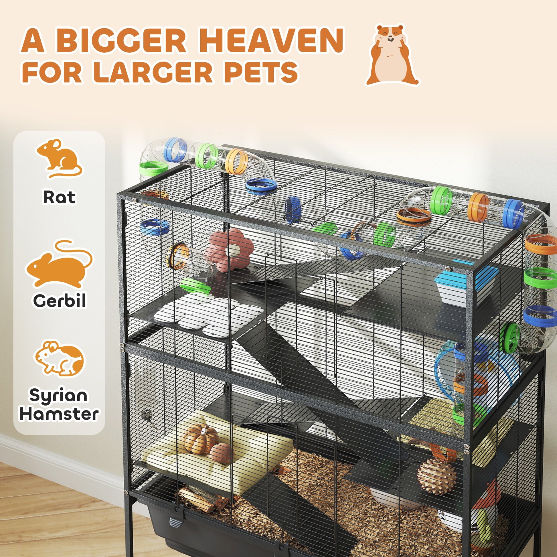 PawHut 5 Tier Large Hamster Cage on Wheels with 17 cm Deep Tray, Storage Shelf for Syrian, Gerbil, Rats