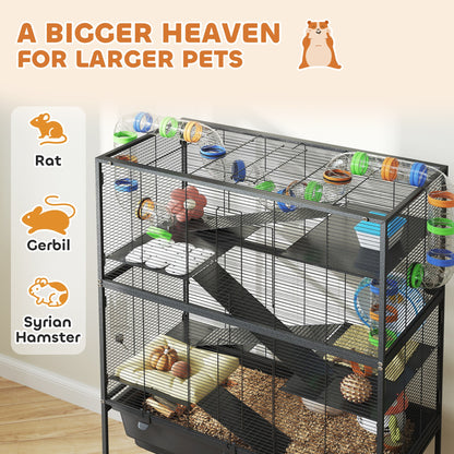 PawHut 5 Tier Large Hamster Cage on Wheels with 17 cm Deep Tray, Storage Shelf for Syrian, Gerbil, Rats