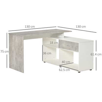 HOMCOM L-Shaped Computer Desk Home Office Corner Desk Study Workstation Space Saving Table with Shelves Drawer, Grey and White