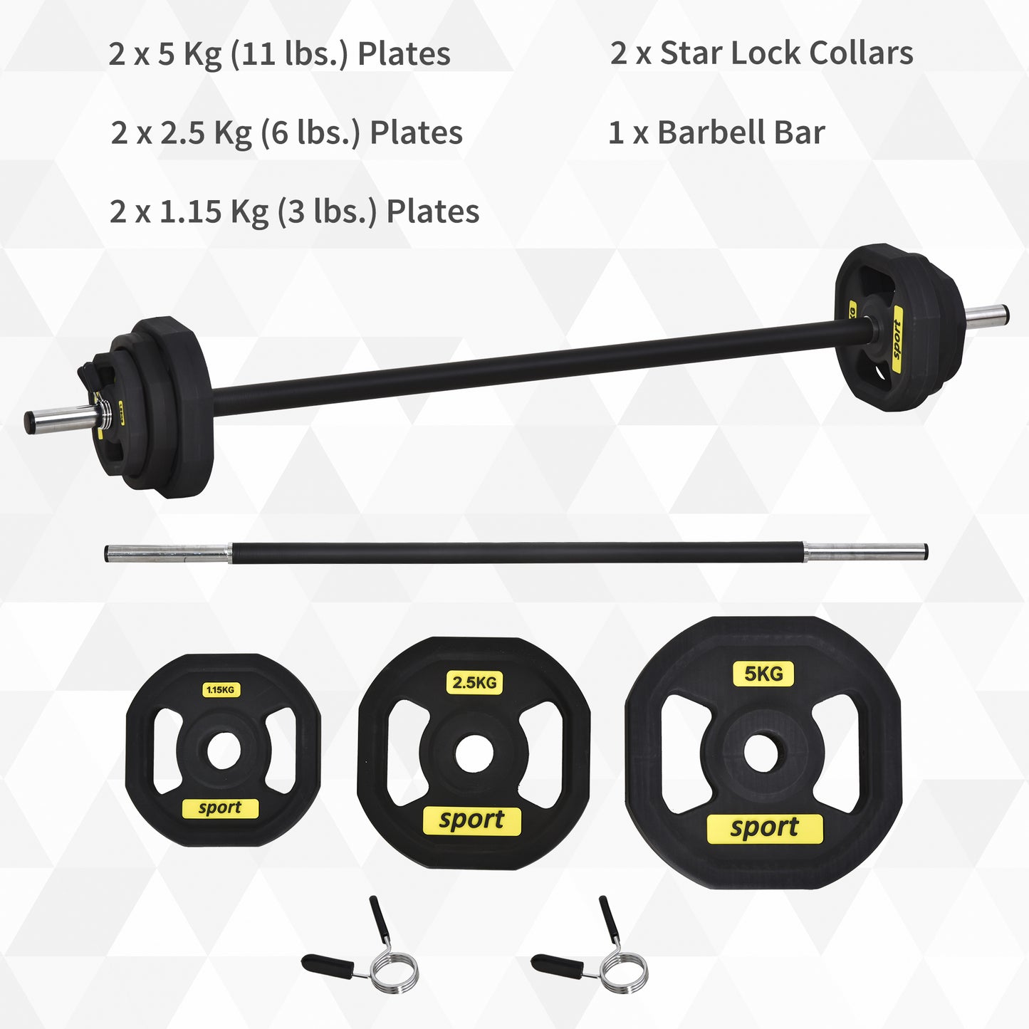 HOMCOM 20KGS Adjustable Barbell Set Plate Bar Clamp Rod Home Gym Sports Area Exercise Ergonomic Black