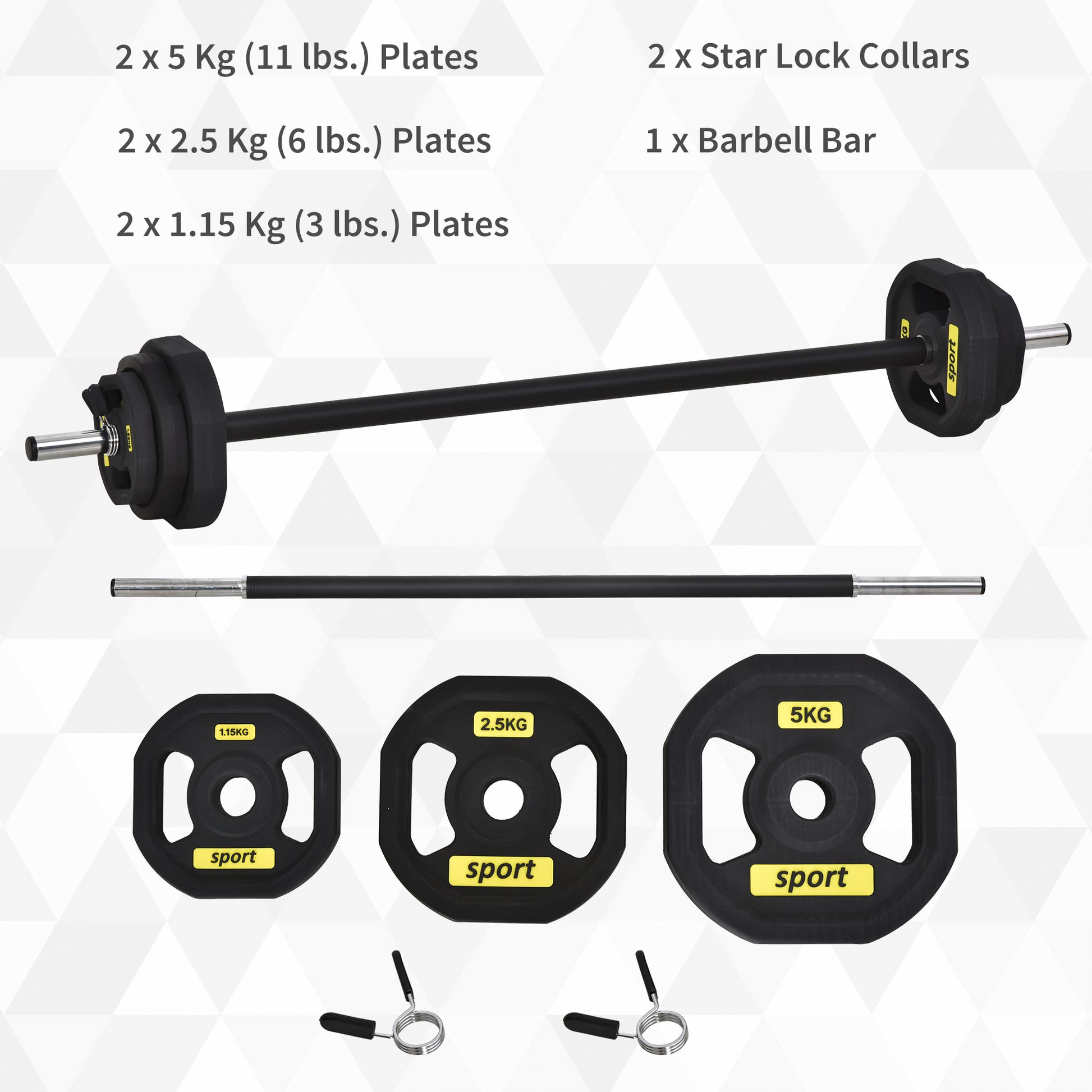 HOMCOM 20KGS Adjustable Barbell Set Plate Bar Clamp Rod Home Gym Sports Area Exercise Ergonomic Black
