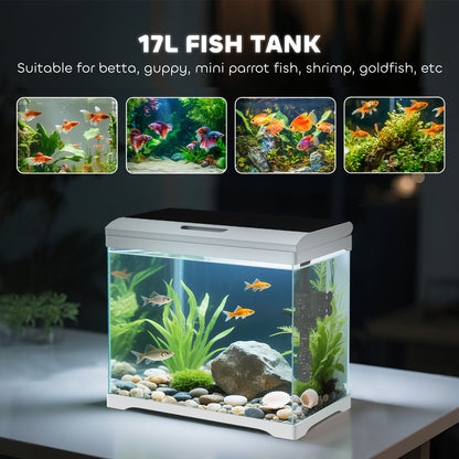 PawHut 17L Glass Fish Tank with Filter System, LED Light, Water Pump, for Betta, Goldfish, Shrimps, White