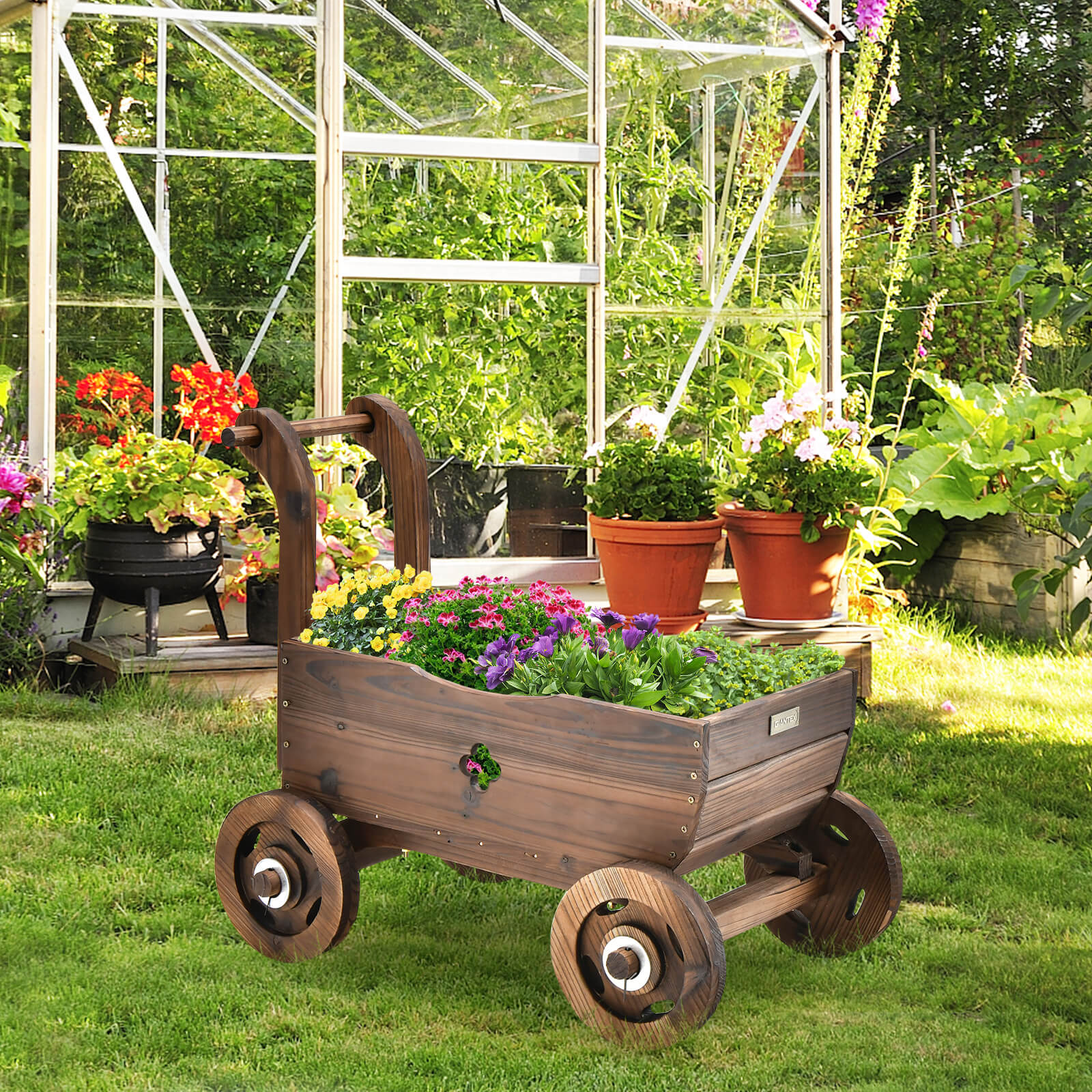 Decorative Wooden Wagon Cart with Wheels and Drainage Hole-Rustic Brown