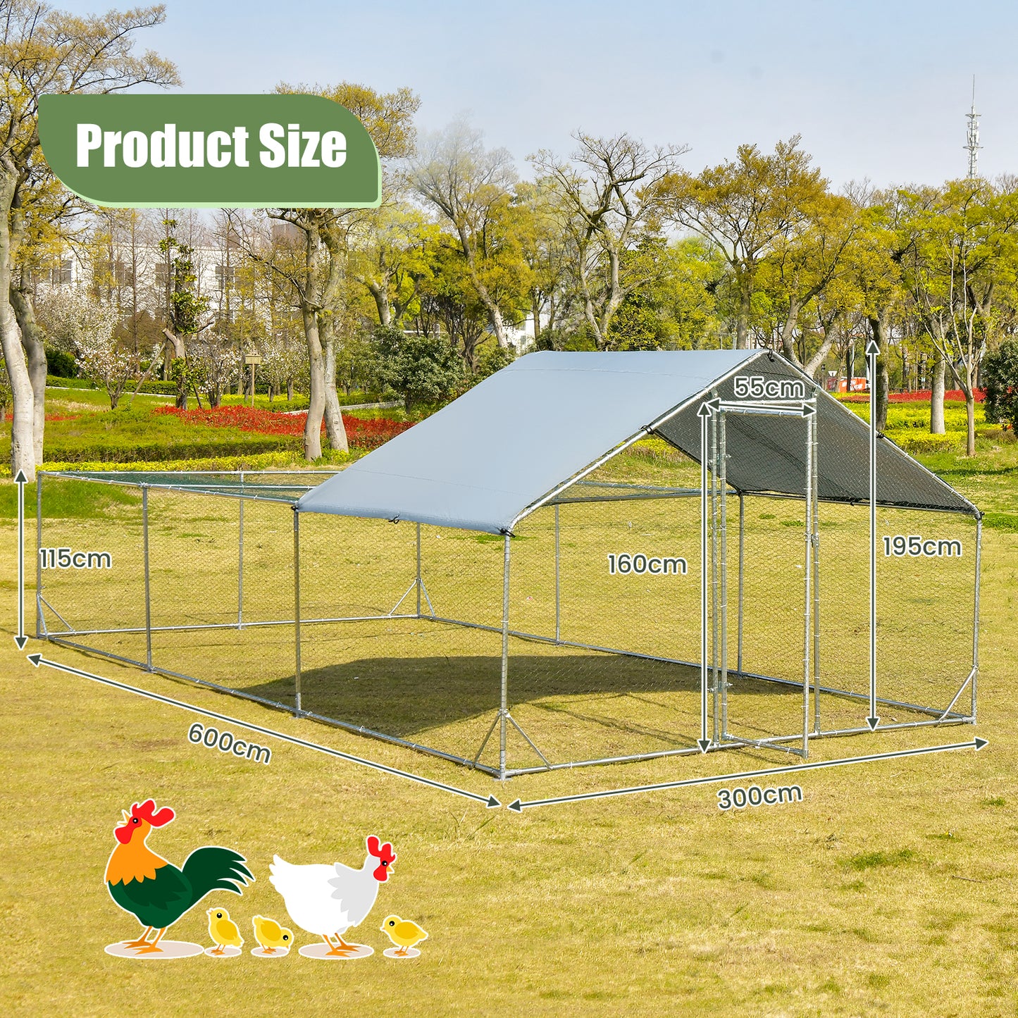 Large Metal Walk-in Chicken Coop with Waterproof and Sun-proof Cover