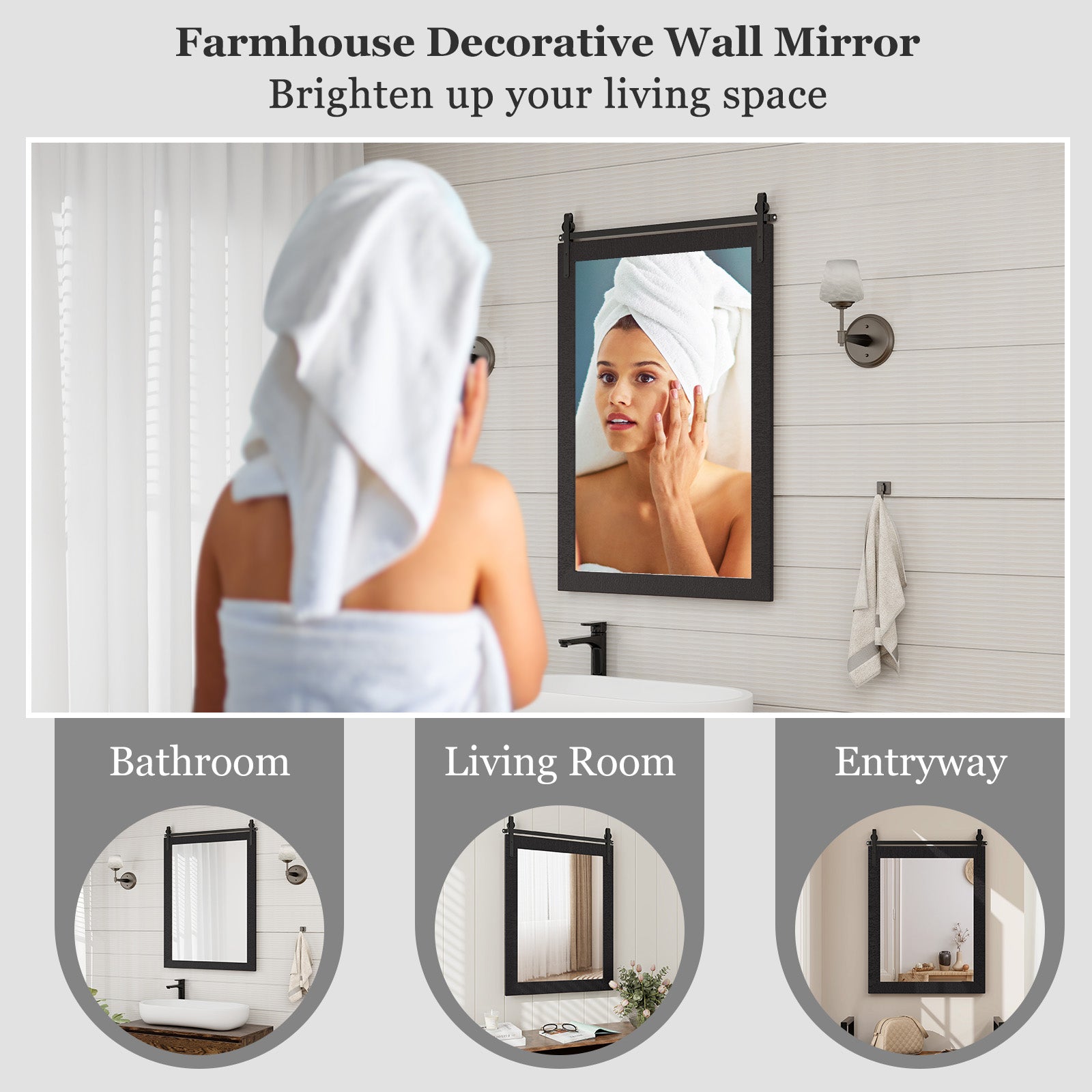 Wall Mounted Mirror with Solid Wood Frame and Metal Bracket-Black