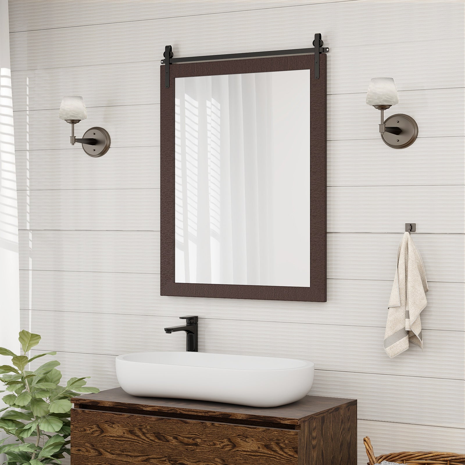 Wall Mounted Mirror with Solid Wood Frame and Metal Bracket-Walnut