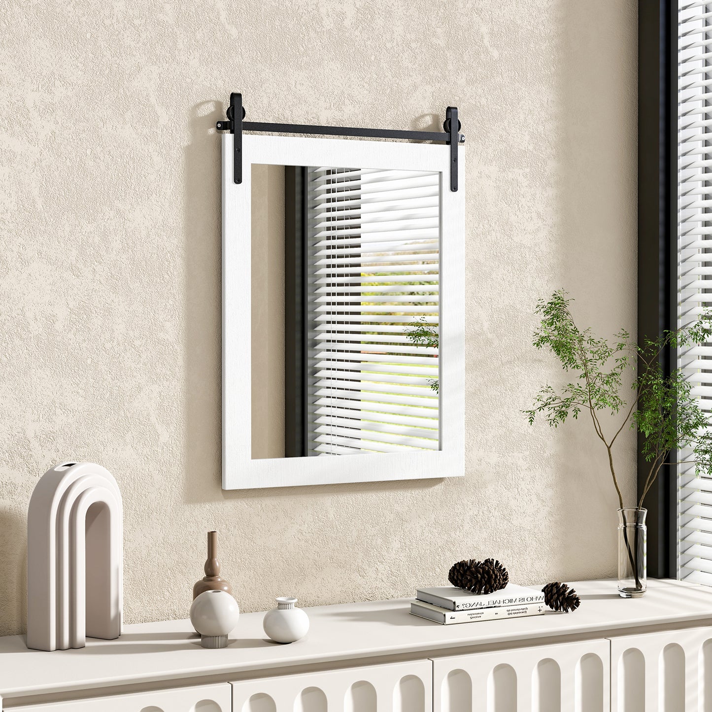 Wall Mounted Mirror with Solid Wood Frame and Metal Bracket-White