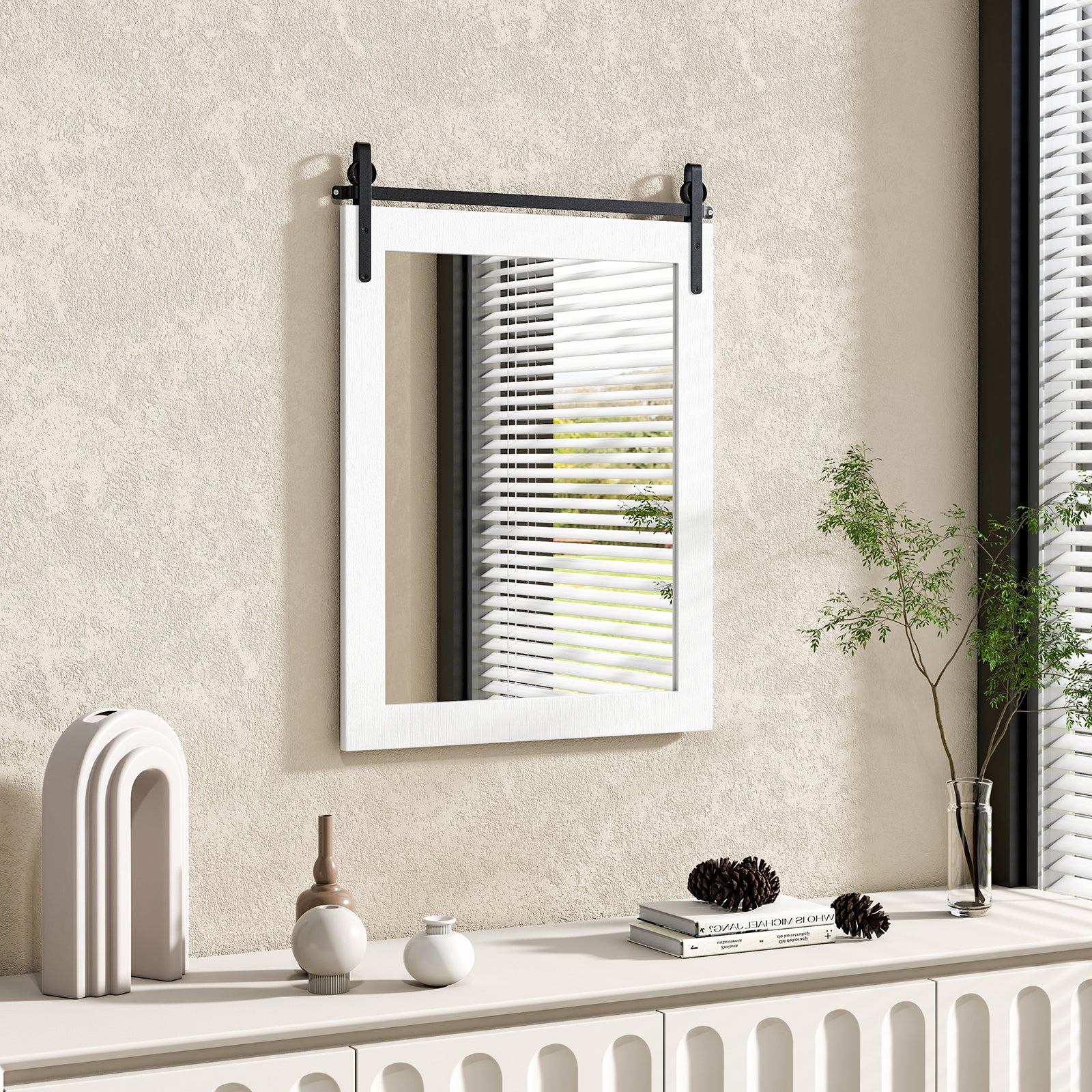 Wall Mounted Mirror with Solid Wood Frame and Metal Bracket-White