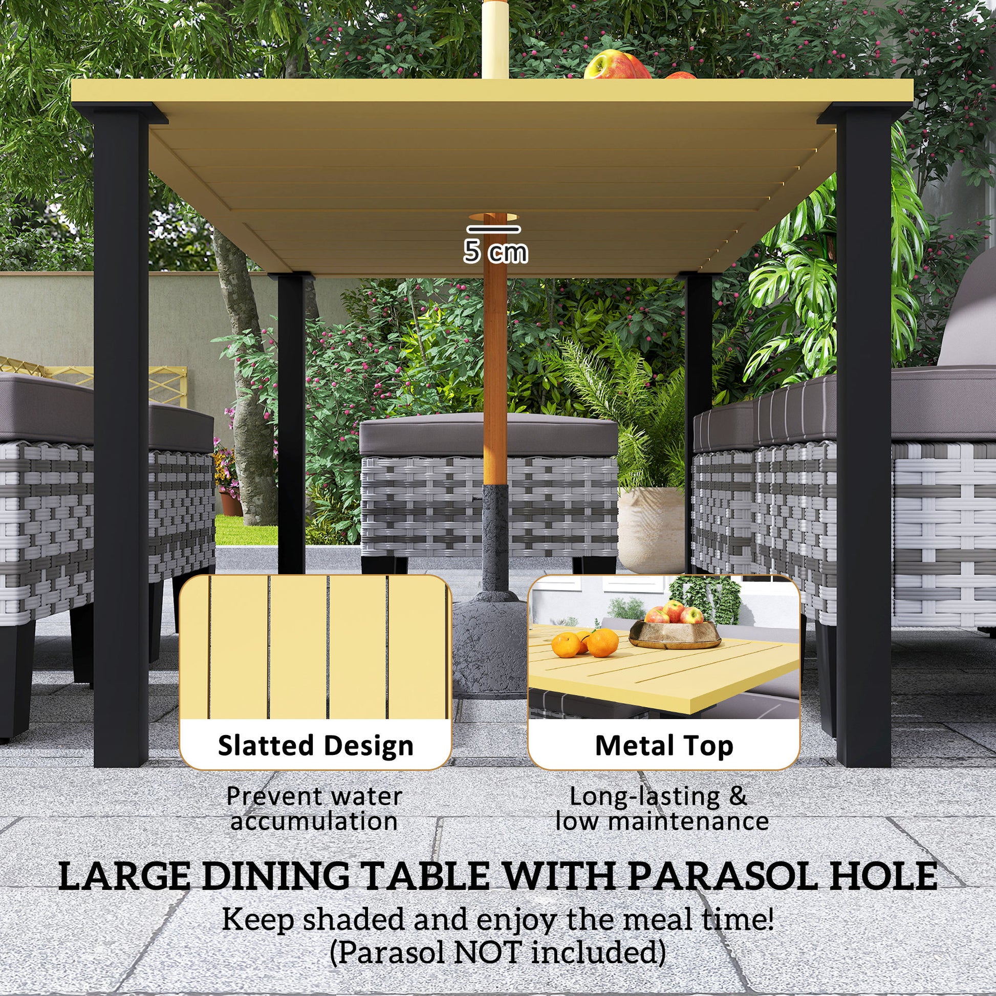 Outsunny 7-Piece Rattan Garden Dining Set, 6 Seater Wicker Garden Furniture Set with Seat and Back Cushions, Umbrella Hole, Patio Table and Chairs with Slatted Metal Top Table for Balcony, Grey