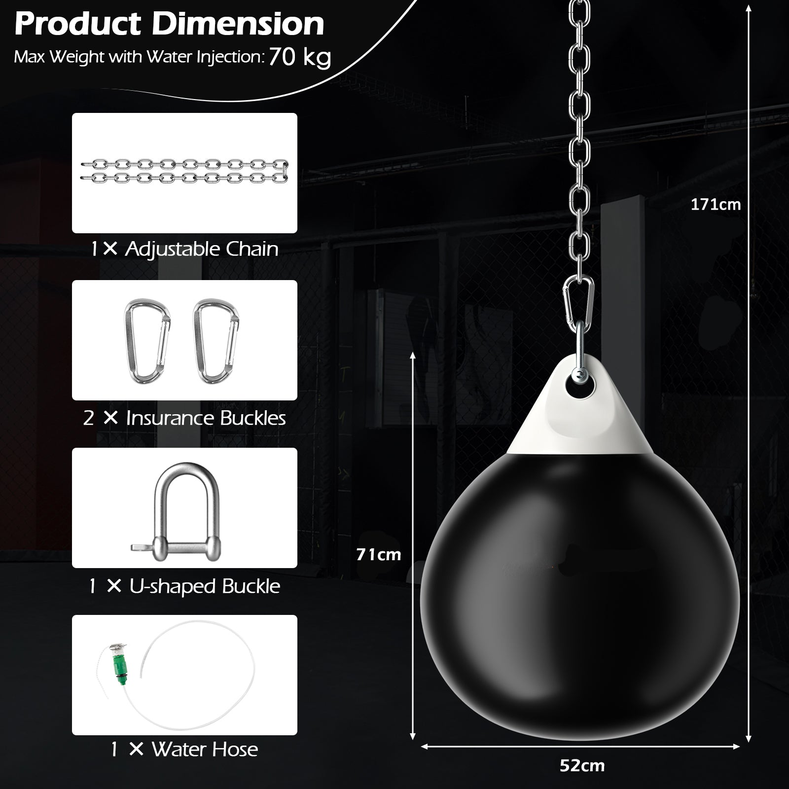 Water Punching Bag with Adjustable Metal Chain and Insurance Buckles-Black