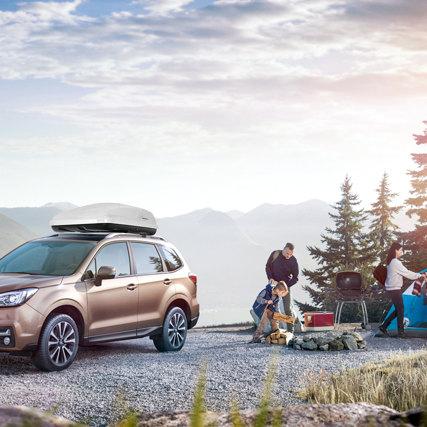 400L Car Rooftop Cargo Box with Security Keys and Dual Side Opening-White