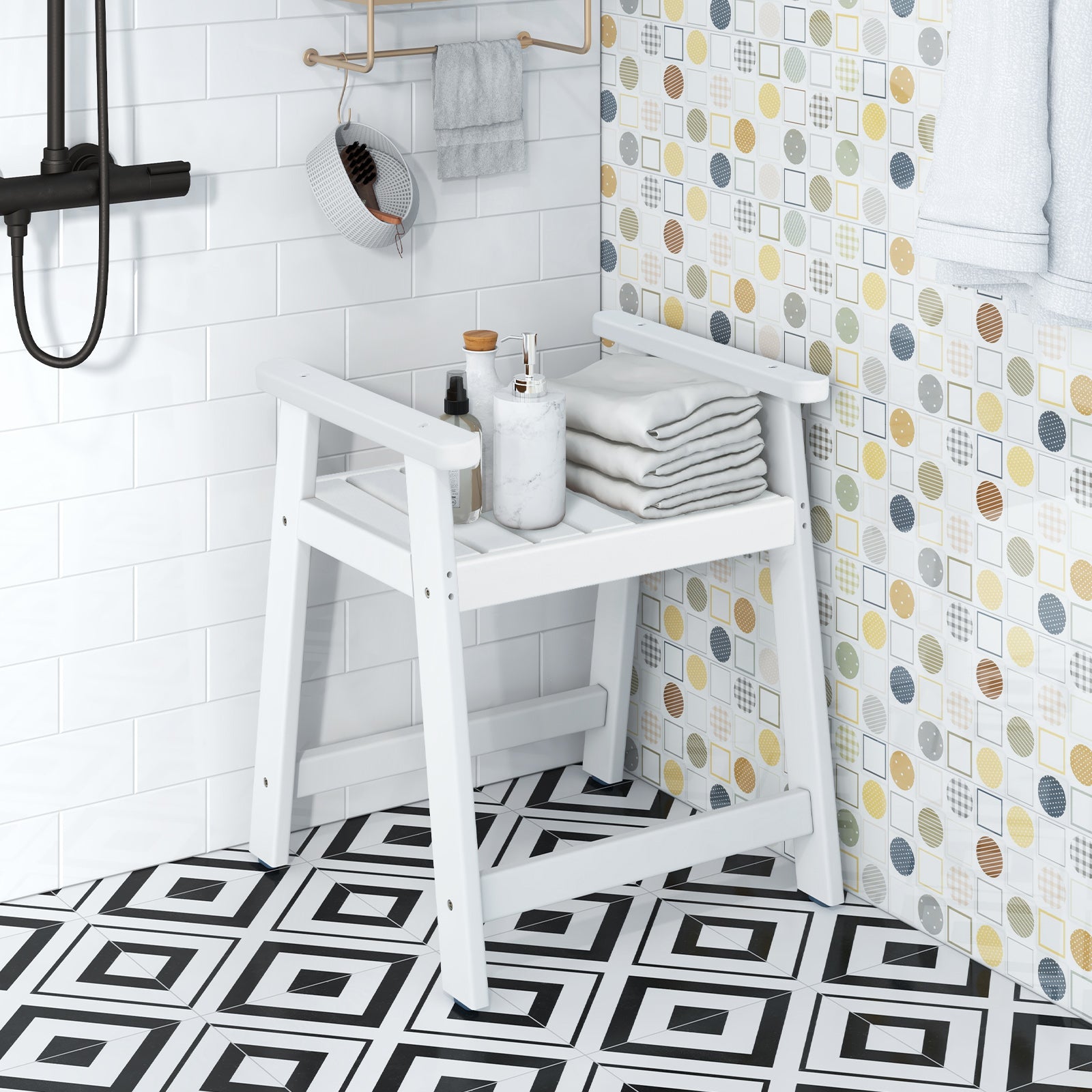 Waterproof HDPE Shower Bench with Armrests-White