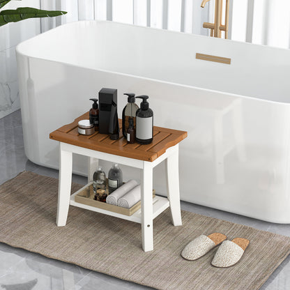 2-Tier Waterproof HDPE Shower Bench with Storage Shelf-Brown