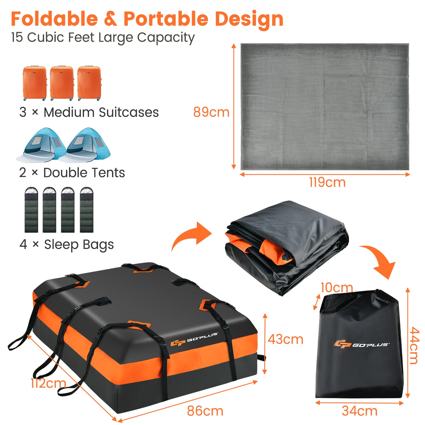 Waterproof Rooftop Luggage Bag with Non-Slip Mat and 6 Door Hooks-Orange