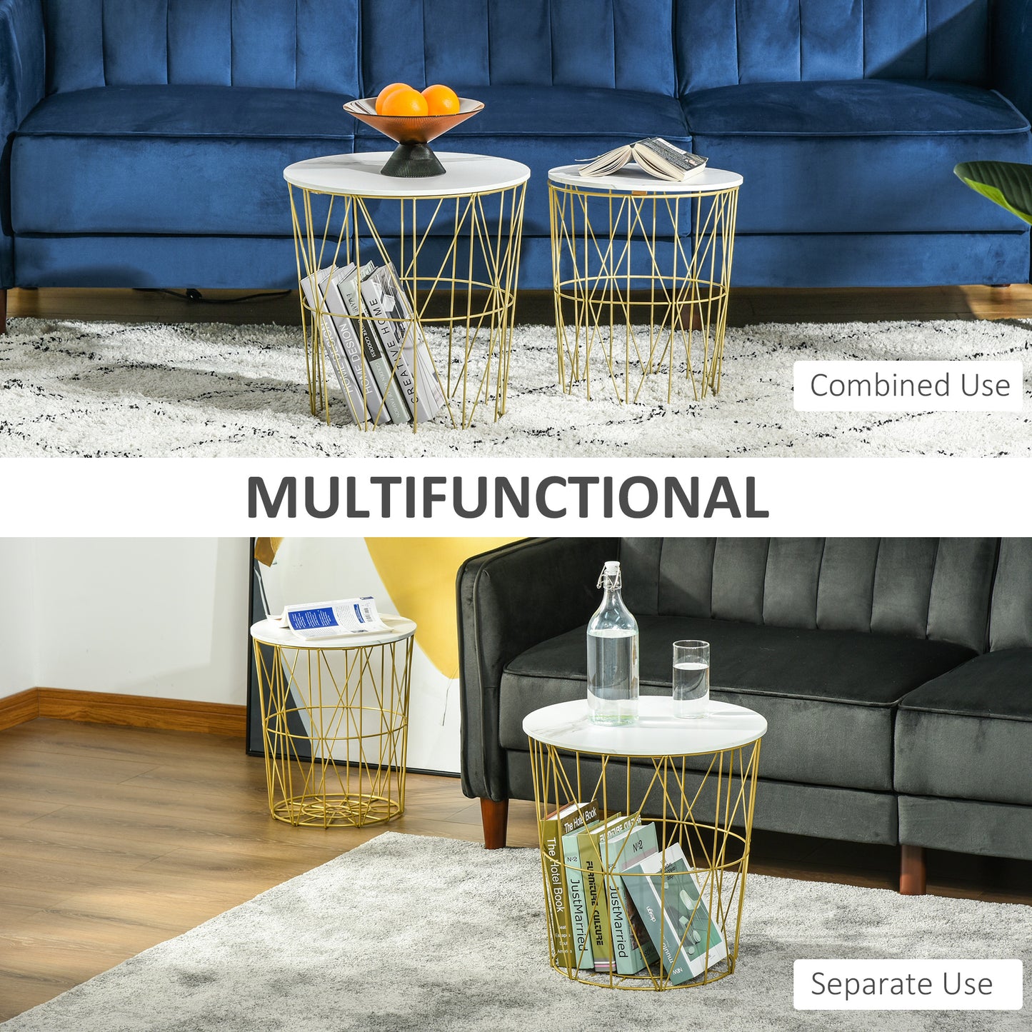 HOMCOM Set of 2 Nesting Side Tables with Storage, Round End Tables Coffee Tables with Steel Frame and Removable Round Top, White