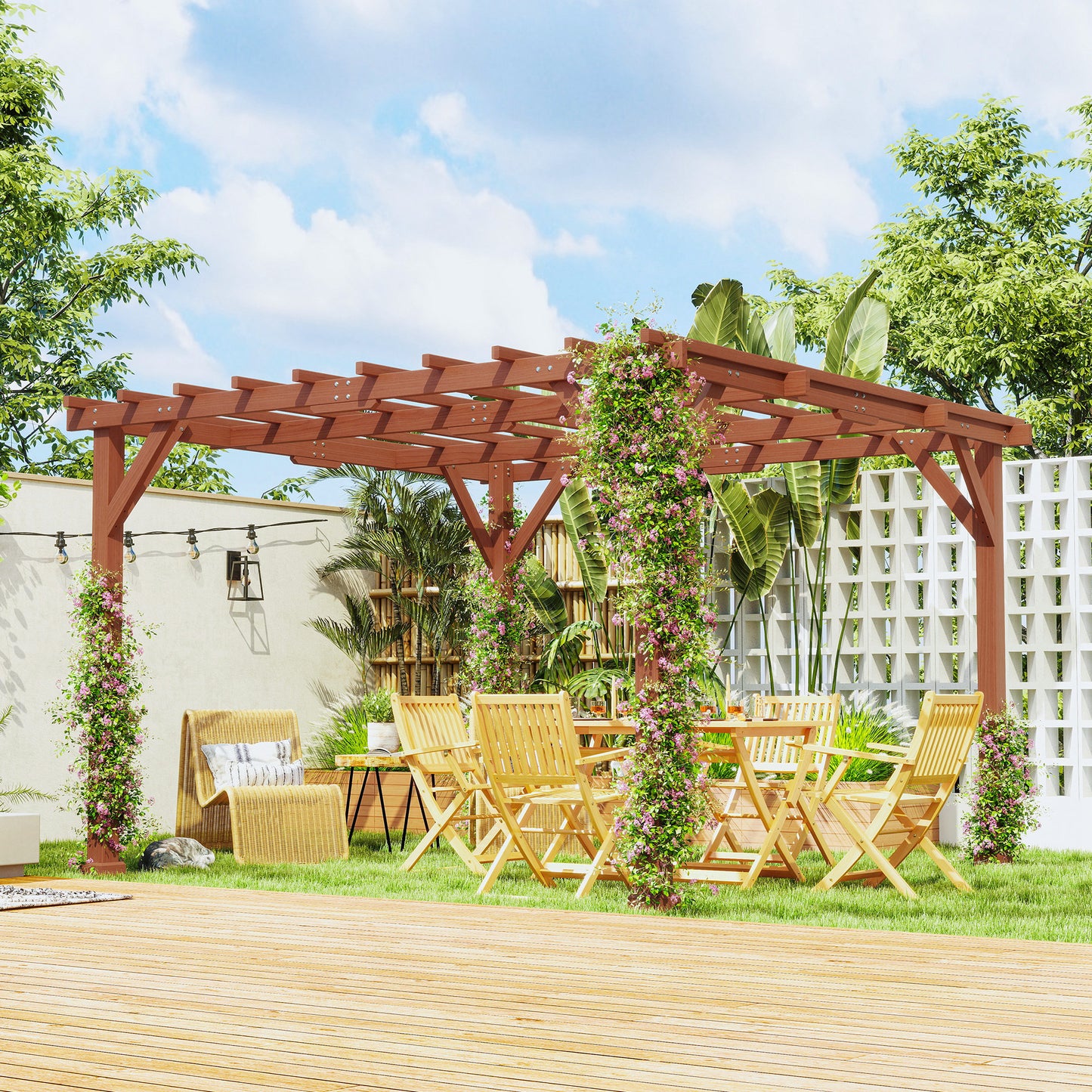 Outsunny 3.3 x 3.3(m) Wooden Pergola Kit, Graden Pergola Gazebo Grape Trellis with Stable Structure for Climbing Vines, Flowers