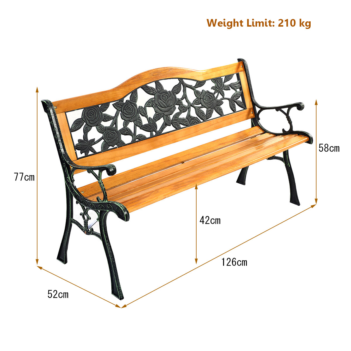 Weatherproof Garden Bench with Iron Structure and Solid Wood Slats Seat 