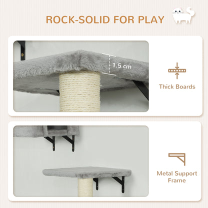 PawHut 6-Piece Cat Wall Shelves Set with Condo, Cat Wall Furniture with Platforms, Sisal Scratching Post, Bed, Toy Ball, Grey