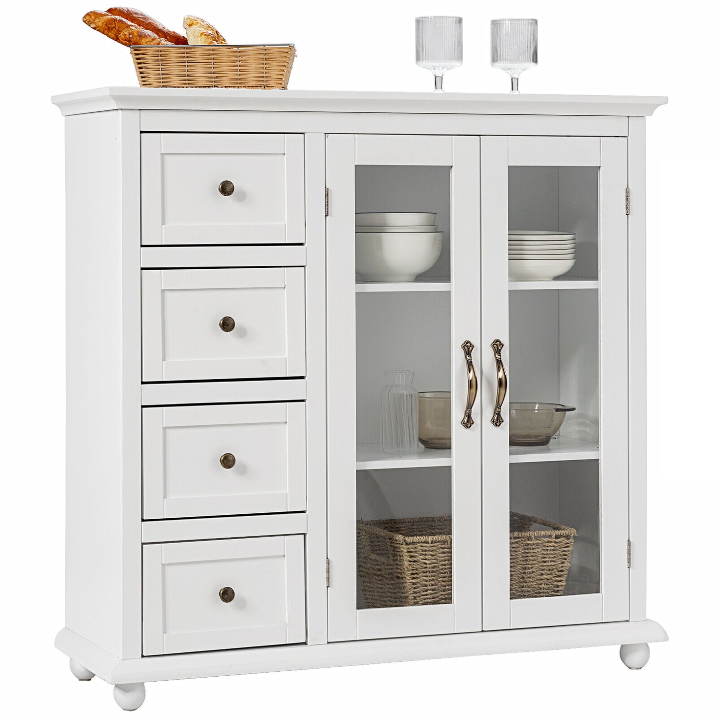 2-Door Wooden Buffet Sideboard with 4 Drawer-White