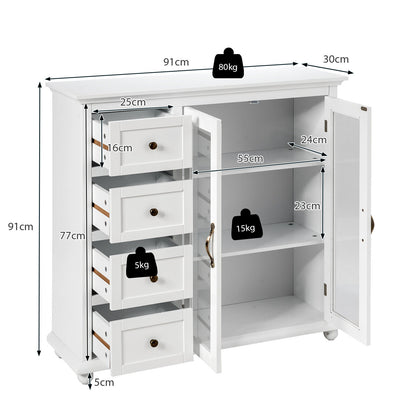 2-Door Wooden Buffet Sideboard with 4 Drawer-White