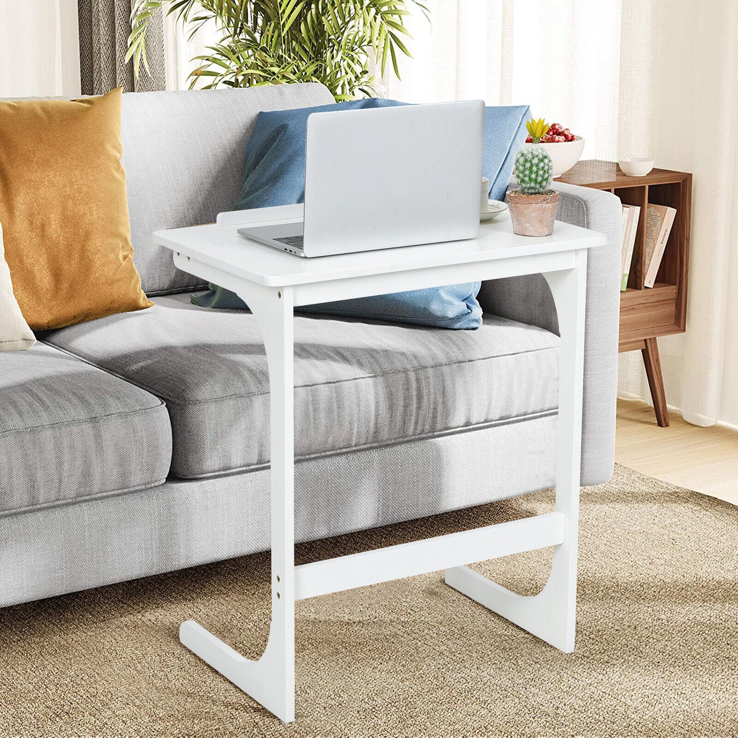 C-ShapedBamboo Side Table with 7 Adjustable Angles-White