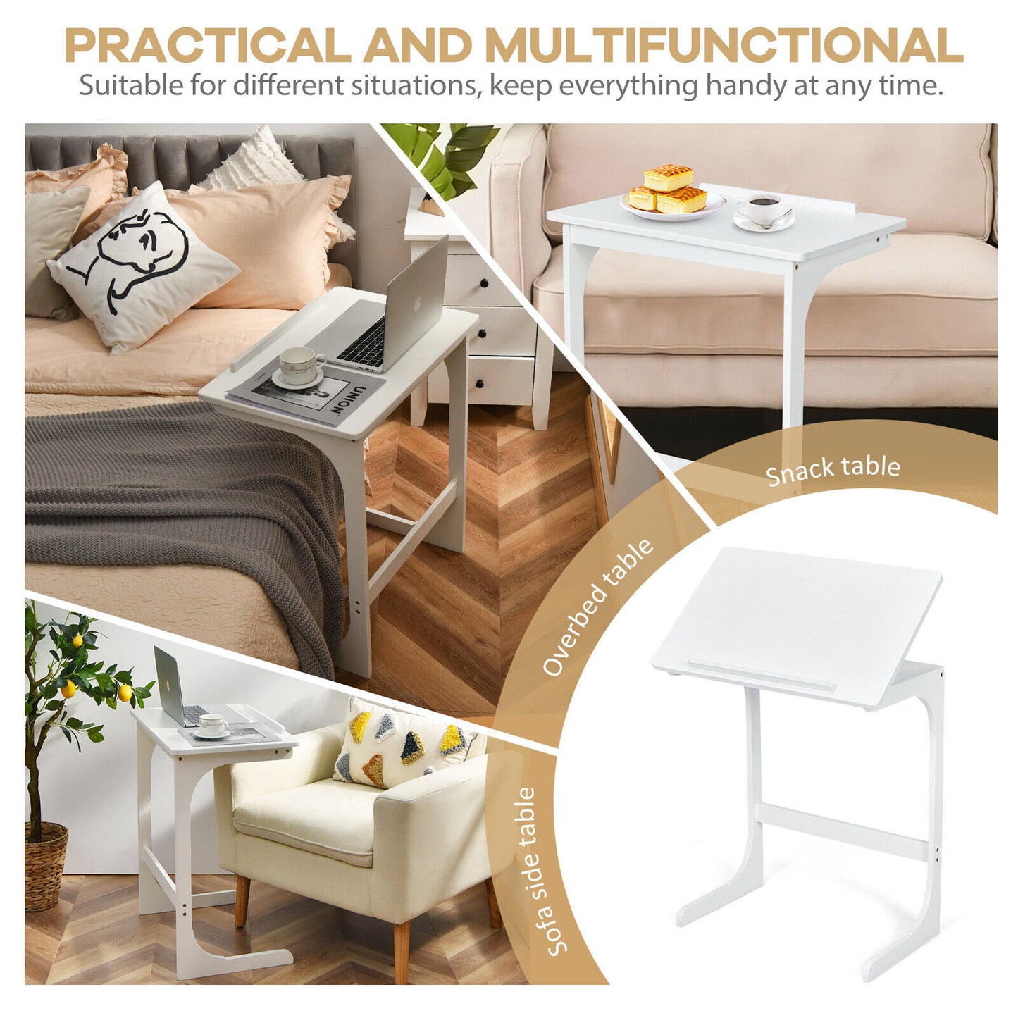 C-ShapedBamboo Side Table with 7 Adjustable Angles-White