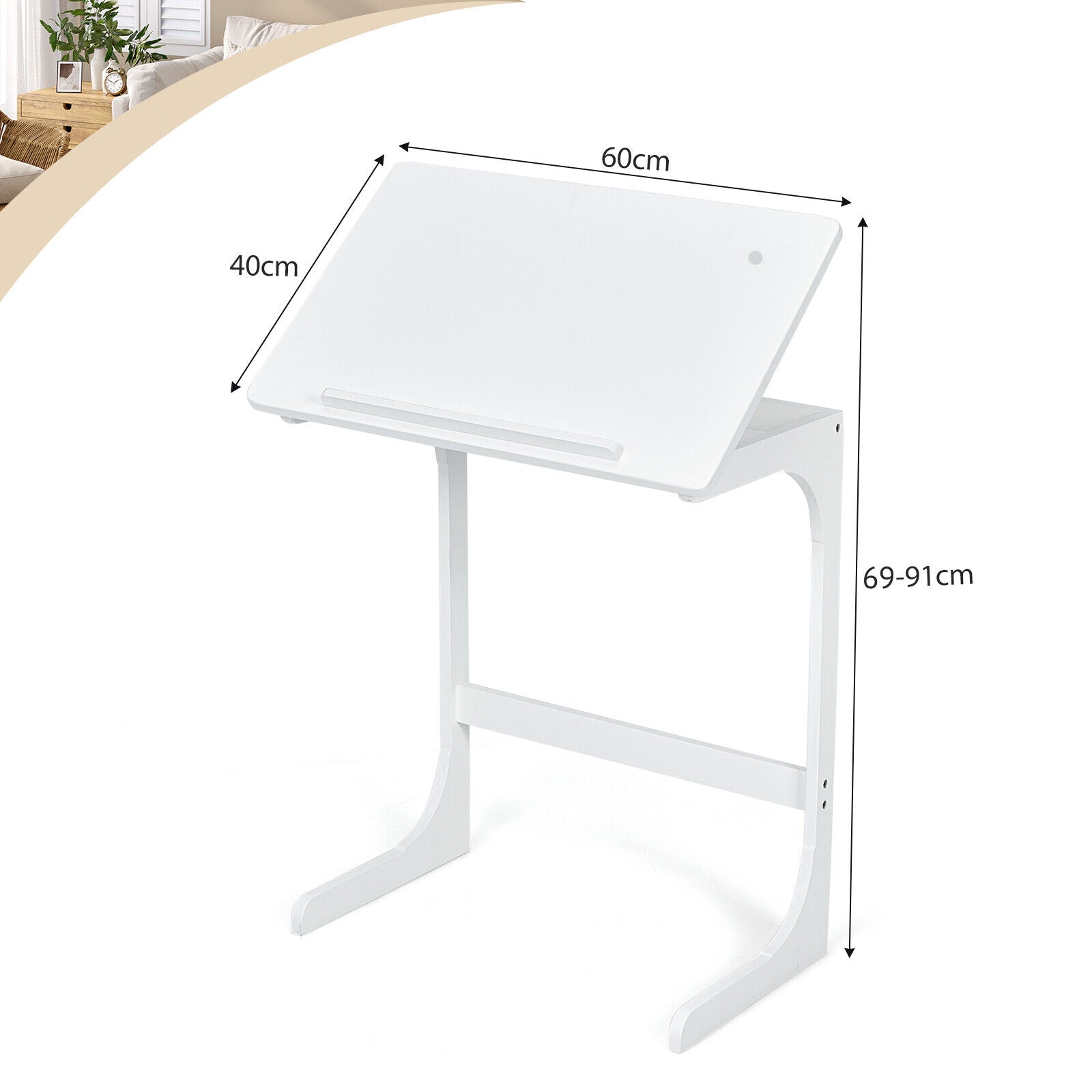 C-ShapedBamboo Side Table with 7 Adjustable Angles-White