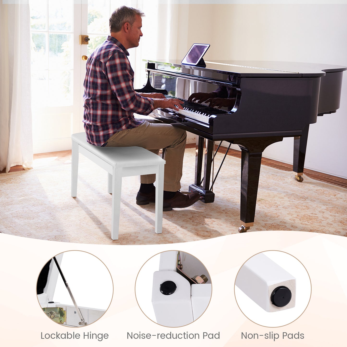 2-in-1 Padded Piano Bench with Storage Space-White