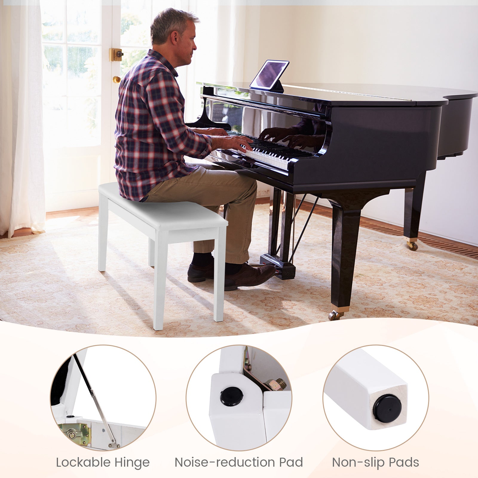 2-in-1 Padded Piano Bench with Storage Space-White