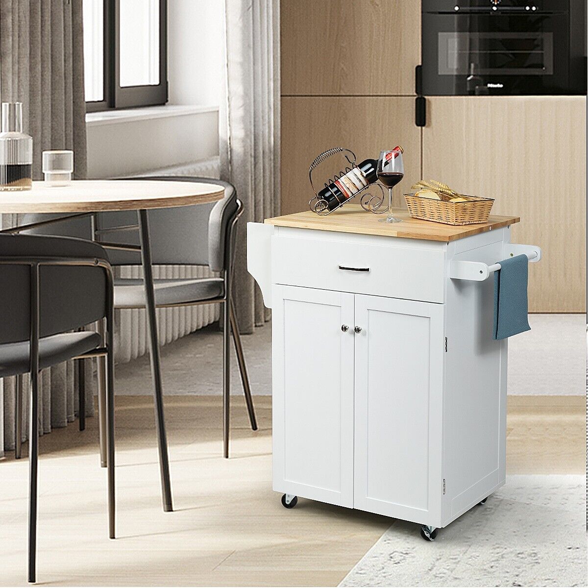 2-Door Kitchen Trolley Cart with Drawer and Spice Rack-White
