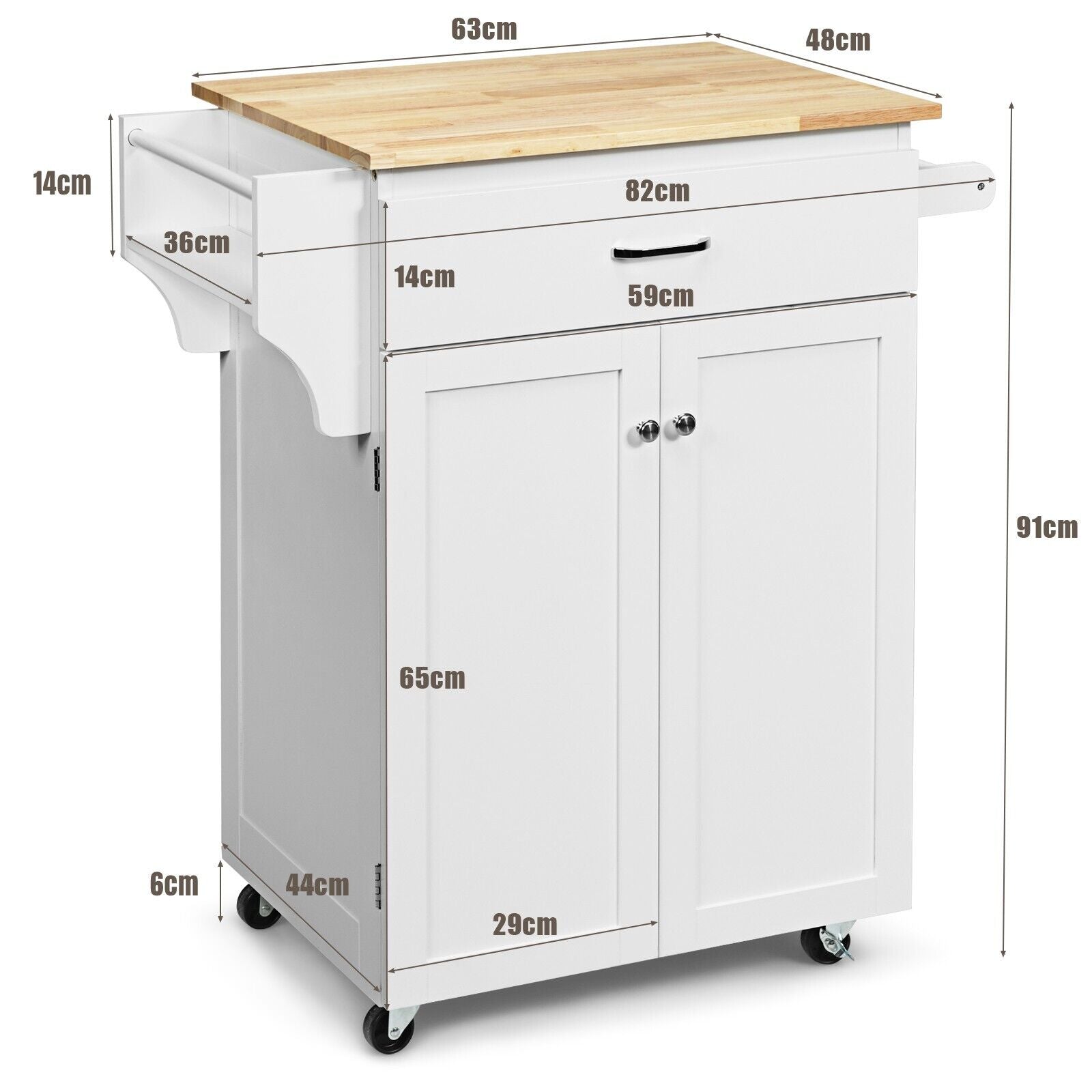 2-Door Kitchen Trolley Cart with Drawer and Spice Rack-White