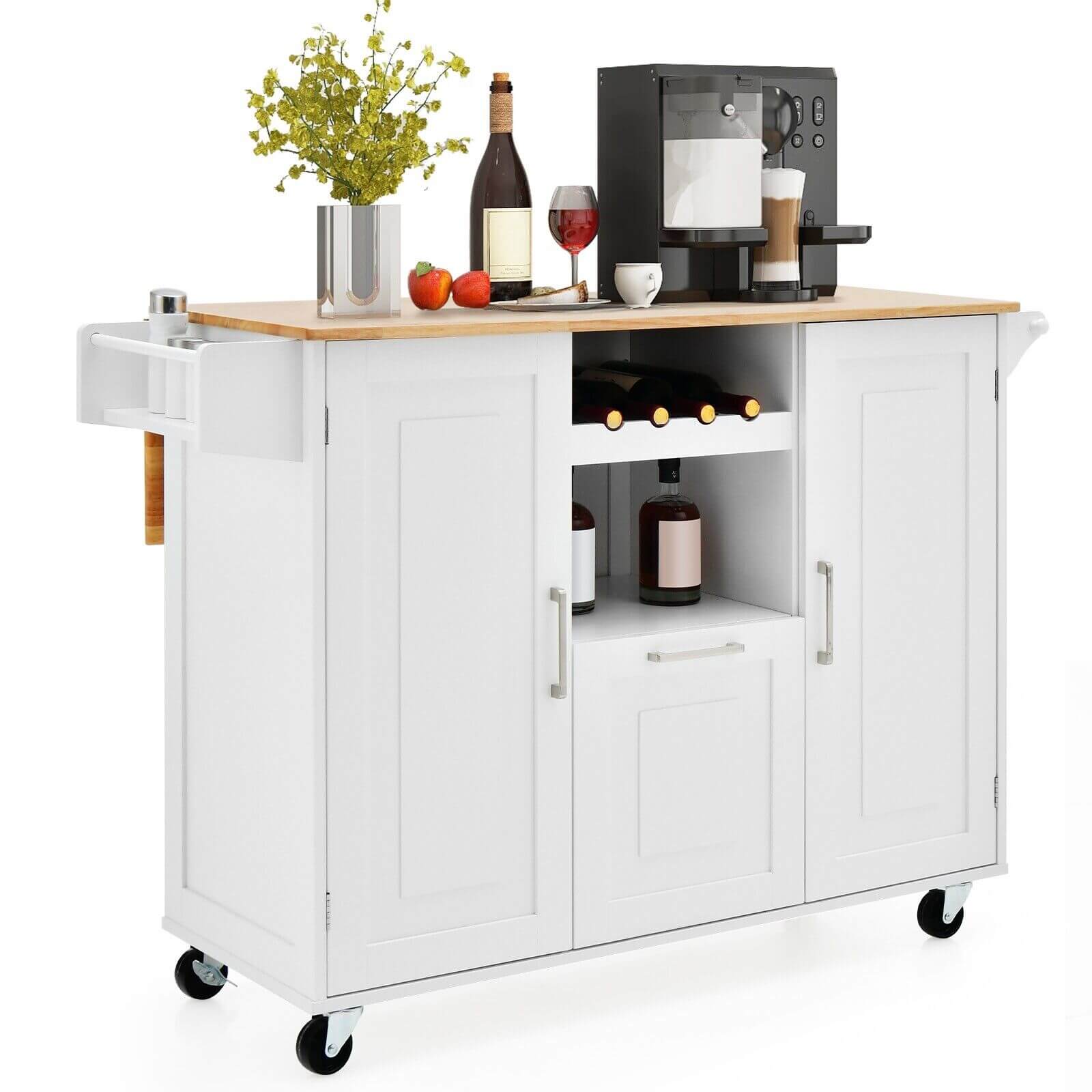 Rolling Kitchen Island Cart with Drop-Leaf Countertop and 4 Rotatable Casters-White