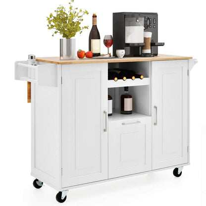 Rolling Kitchen Island Cart with Drop-Leaf Countertop and 4 Rotatable Casters-White