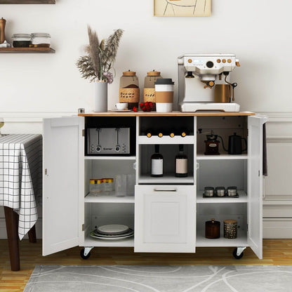Rolling Kitchen Island Cart with Drop-Leaf Countertop and 4 Rotatable Casters-White