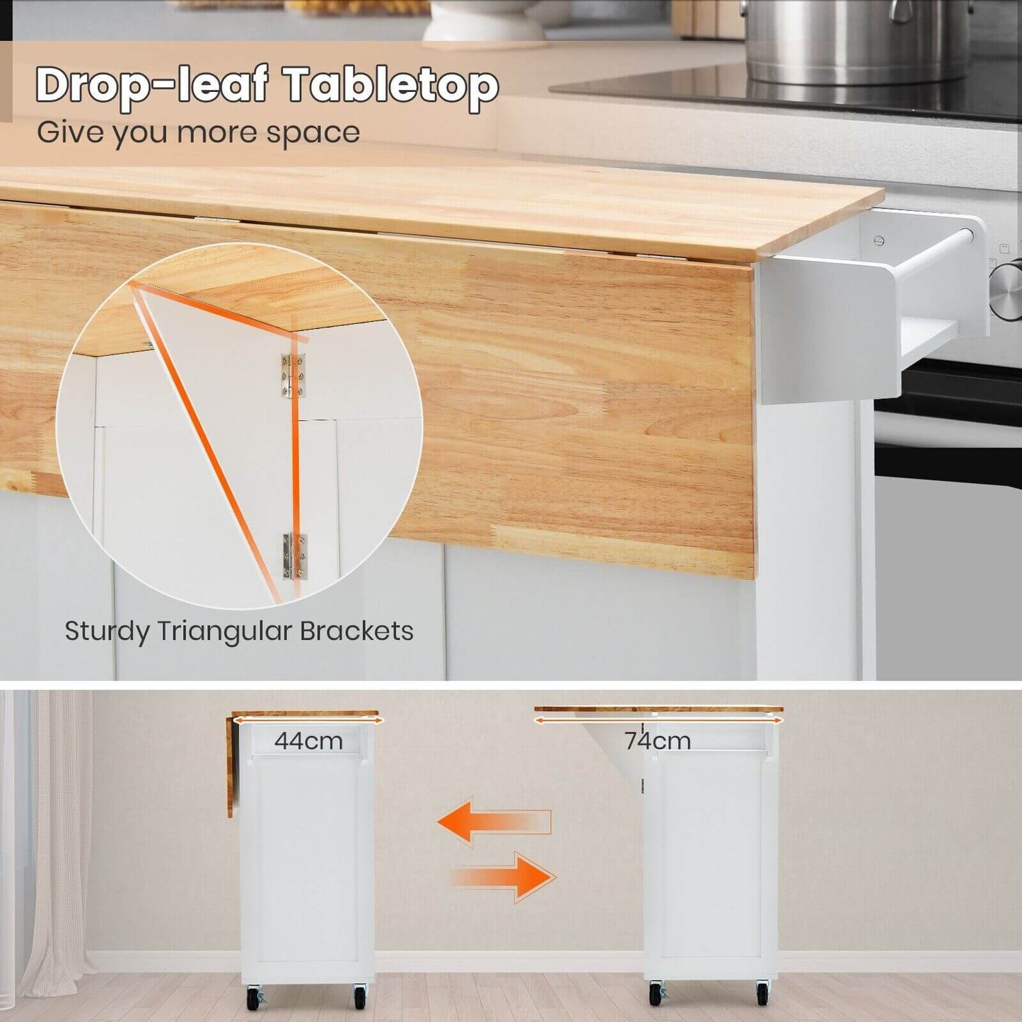 Rolling Kitchen Island Cart with Drop-Leaf Countertop and 4 Rotatable Casters-White
