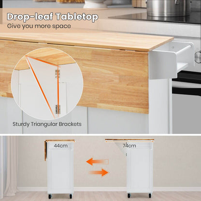 Rolling Kitchen Island Cart with Drop-Leaf Countertop and 4 Rotatable Casters-White