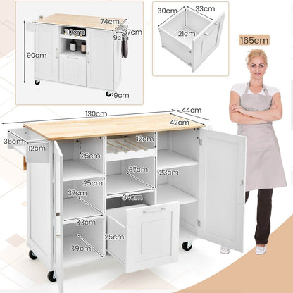 Rolling Kitchen Island Cart with Drop-Leaf Countertop and 4 Rotatable Casters-White