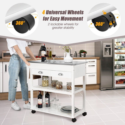 3-Tier Rolling Kitchen Island  Cart with Drawers-White