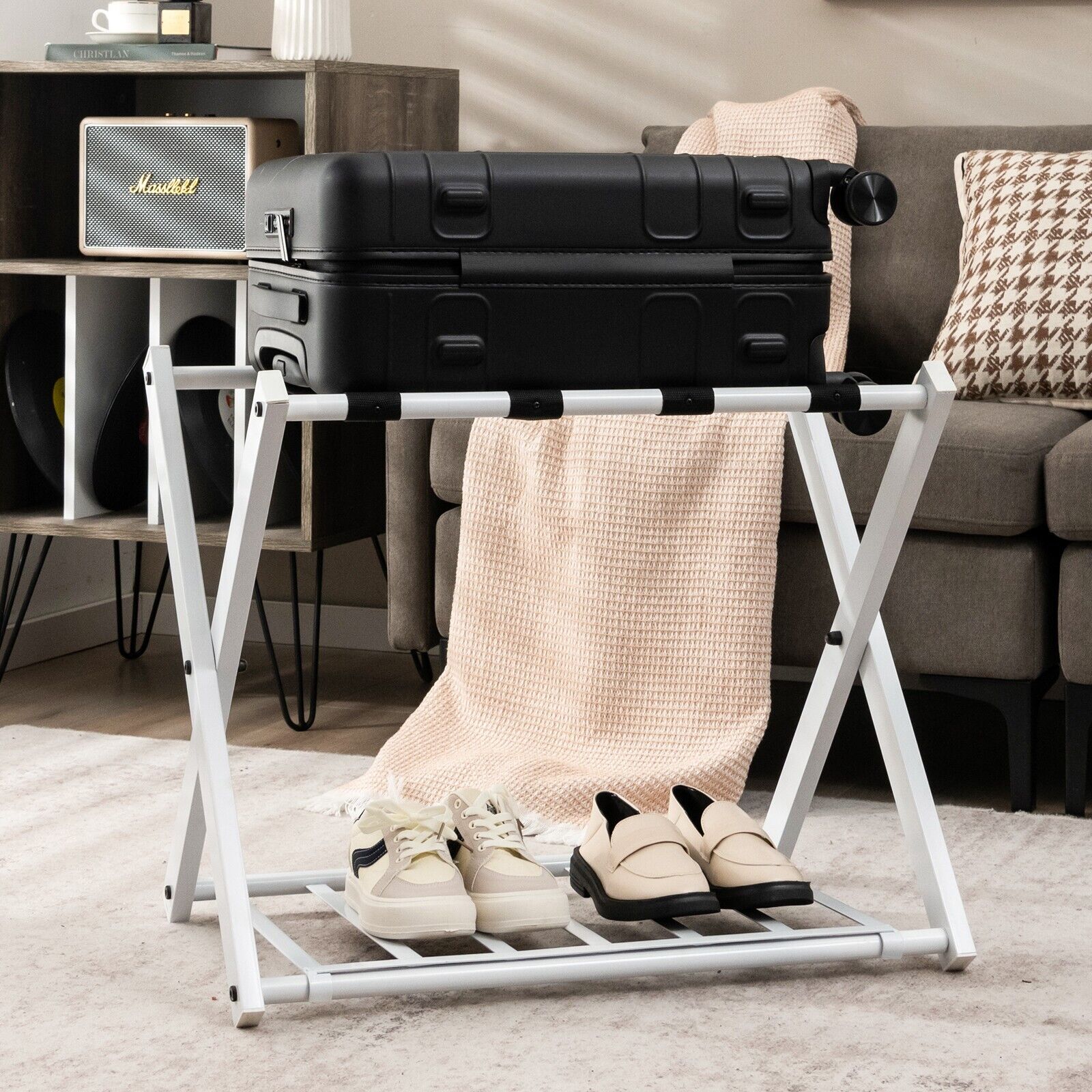 2 Piceces 2-Tiers Folding Luggage Rack Set-White