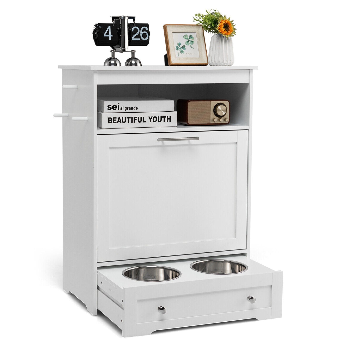 Tippling-Door Pet Feeder Cabinet with Stainless Steel Bowl and Hanging Hook-WHite