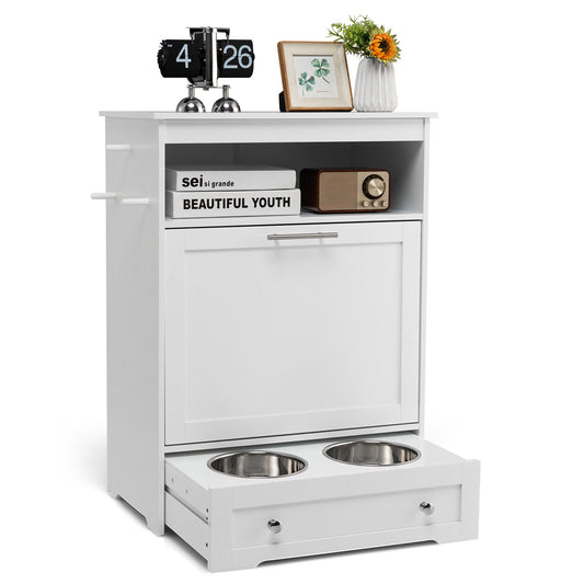 Tippling-Door Pet Feeder Cabinet with Stainless Steel Bowl and Hanging Hook-WHite