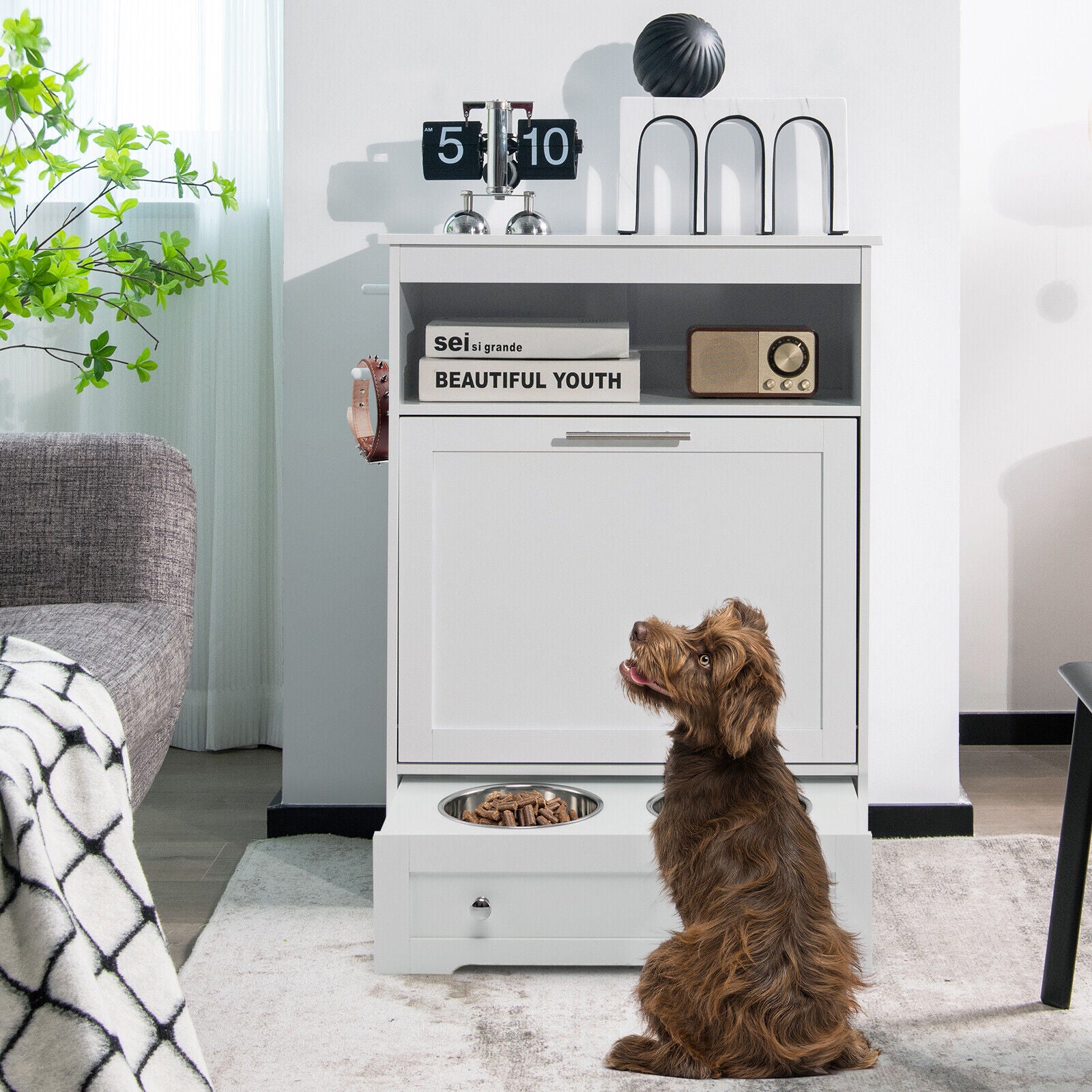 Tippling-Door Pet Feeder Cabinet with Stainless Steel Bowl and Hanging Hook-WHite