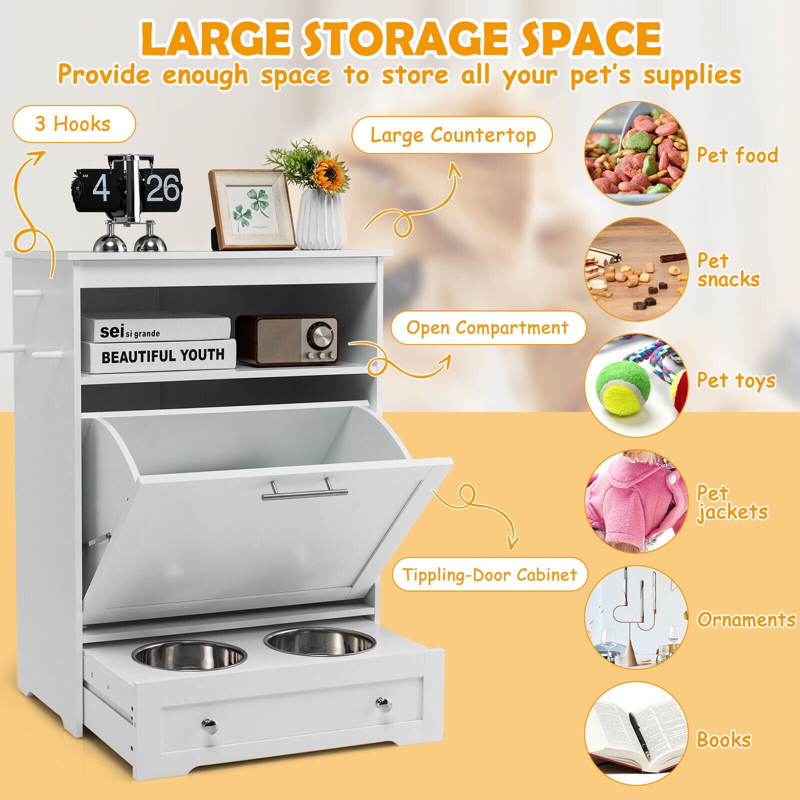 Tippling-Door Pet Feeder Cabinet with Stainless Steel Bowl and Hanging Hook-WHite